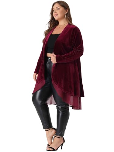 Image of Agnes Orinda Women Plus Size Ruffled Asymmetric Long Velvet Cardigan Jacket