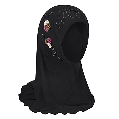 Girls Muslim Hijab Floral Lace Head Scarf Islamic Arab Scarf Shawls Head Wrap with Flowers Rhinestones for Girls