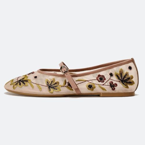 Image of Mesh Ballet Flats for Women Embroidered Floral Mary Jane Flats Round Toe Slip On Ballerina Shoes Comfortable Casual Daily Dress Flat Shoes