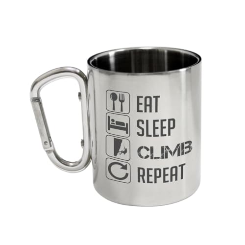 Taza termica de metal para escalador thermal mug for climber, alpinist, mountaineer, hiker, stainless steel tumbler with carabiner handle, camping hiking gift, printed cup eat sleep climb repeat