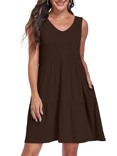 Image of Sundresses for Women Summer Sleeveless Tiered Swing V Neck Tank Dress | 2026 Casual Loose Tank Dress with Pockets, A-Line Flowy Beach Sun dress, Vacation Cruise Fashion Outfits