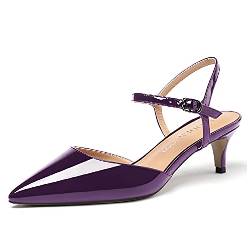 MODENCOCO Women's Pointed Toe Slingback Patent Leather Ankle Strap Kitten Low Heel Pumps Evening Dress Shoes 2 Inch2