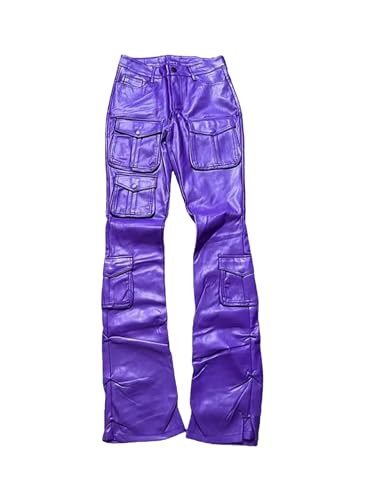 UIOKLMJH Men Soft Flat Pu Leather Cargo Pants Men Many Pockets Streetwear Button Fly Trousers