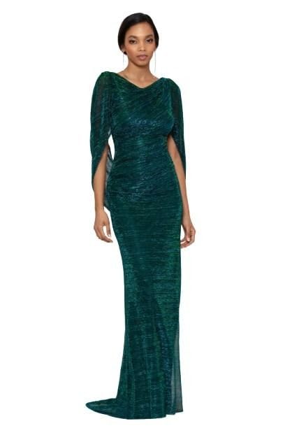 Image of Betsy & Adam Women's Long Stretchy Metallic 3 /4 Sleeve Cowl Neck Drape Back Formal Dress