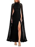 Lrady Women's Summer Wedding Guest Dress Halter Neck Sexy Split Cocktail Party Maxi Long Formal Dresses with Cape, Black, X-Large
