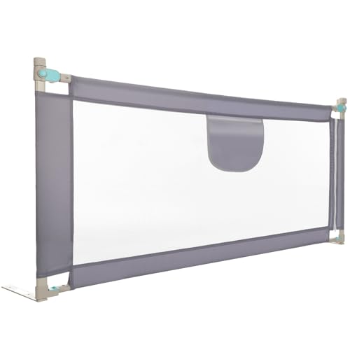 Oyajia Barrera anticaída – Barrera de cama de 150 cm gris oscuro – Altura regulable 69 – 98 cm – Protector de cama con bolsillo lateral – Rejilla de protección cama con somier