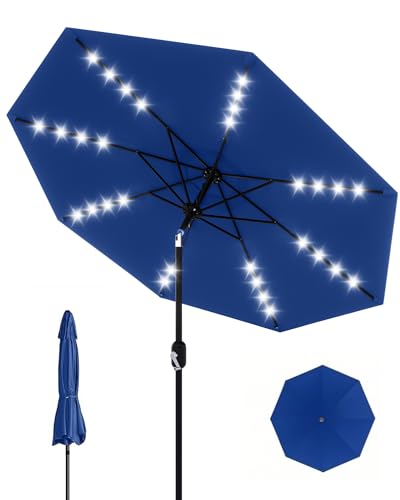 9 Ft Patio Umbrella with Solar Lights, Outdoor Table Umbrella with 32 LED Lights & Tilt Crank, 8 Ribs Market Table Umbrella for Pool, Deck, Backyard, Navy Blue