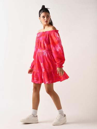 Image of Bewakoof Women's Fit and Flare Above The Knee All Over Printed Regular Fit 3 /4 Sleeve Shoulder Pure Satin Dress
