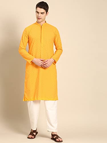 Image of Rajubhai Hargovindas Men Pure Cotton Chikankari Embroidered Straight Kurta
