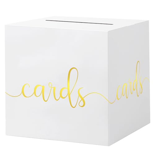 Image of Hooqict White Card Box with Slot 9.1 inch Gold Foil Gift Card Box Holder for Party, Graduation, Wedding Reception, Retirement Party Decorations, Raffle Ticket Money Envelope