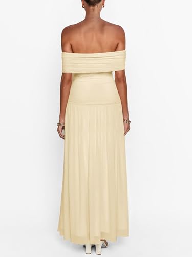 Image of MASCOMODA Women Off The Shoulder Mesh Maxi Dress Bodycon Ruched Formal Sleeveless Pleated Cocktail Wedding Guest Long Dresses