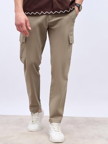 Image of Styli Men Olive Cargo Slim Fit Cotton Stretch Cotton Regular Mid-Rise Chinos, Olive, 30