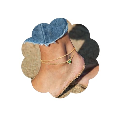 FindChic Bling Heart Birthstone Anklets Layered Beaded Ankle Bracelets for Women Gold/Black/Silver 12 Month Gem Colors Foot Chain Summer Jewelry for Girls, with Gift Box Gold 05. MayCreated