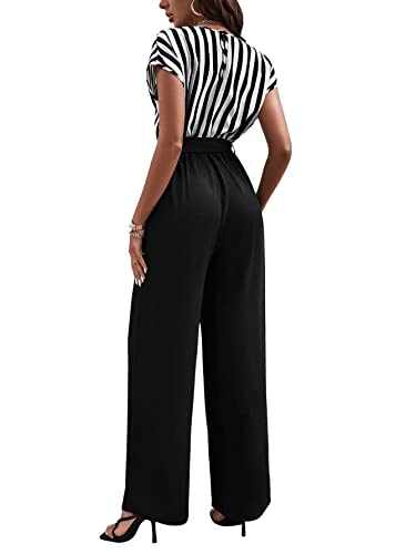 Sweatyrocks Women's Striped Short Sleeve Wrap Tie Front Wide Leg Pants Jumpsuit Romper Black White M #TOP1