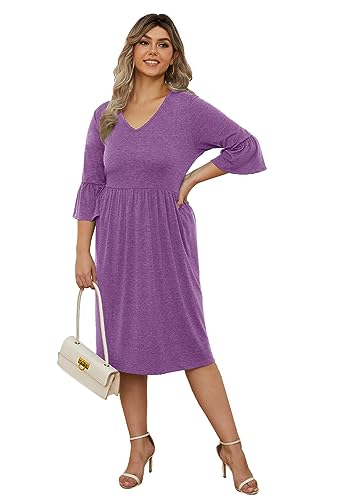 Image of Women's Plus Size 3 /4 Sleeve Casual Dress V Neck Spring Summer Tshirt Empire Waist Ruffle Midi Dresses