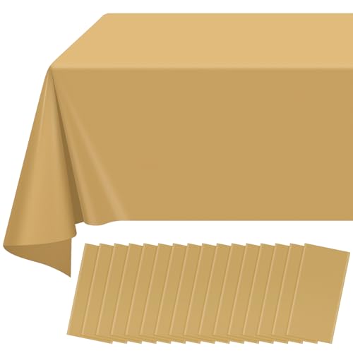Image of 16 Pack Gold Plastic Tablecloth for Rectangle Tables, Premium Decorative Gold Disposable Table Cloths for Parties, Bulk Rectangle Party Table Cover for Birthday, Wedding, Anniversary, 54 x 108 Inch