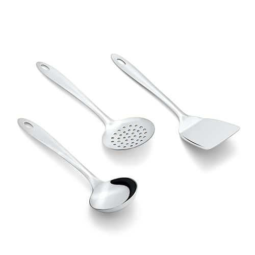Image of Montavo by FnS 3 Pieces Stainless Steel Serving Tools Set, Gravy Ladle, Solid Turner & Skimmer Turner, Mirror Finish Food Grade Kitchen Serving Utensils for Home, Cooking & Dining