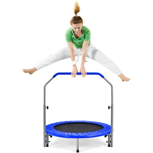 COSTWAY Mini Cama Elástica Plegable 101 cm, Cama Elástica Fitness con Empuñadura en Espuma Regulable en 4 Alturas, Cama Elástica para Entrenamiento, Capacidad de Carga 150 kg (Azul)