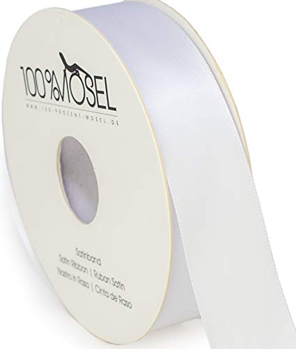 100 % Mosel - Cinta de satén (25 mm x 25 m), color blanco mate, cinta de regalo elegante para decorar y manualidades, para envolver regalos especiales para bodas, bautizos, etc Cover