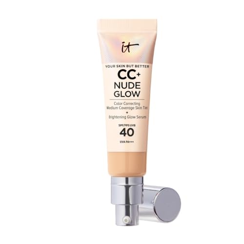 IT COSMETICS CC+ Nude Glow Base de maquillaje ligera + Sérum iluminador FPS 40 Medio 32 ml para protección diaria, para proteger e hidratar, 32 ml