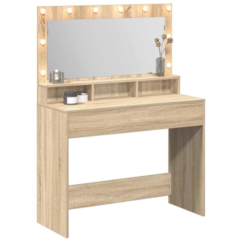 vidaXL Table de Toilette avec étagère Chêne Sonoma 100 x 41 x 135 cm, Table de Maquillage rectangulaire Moderne, Vanity avec éclairage USB, Bois Durable...