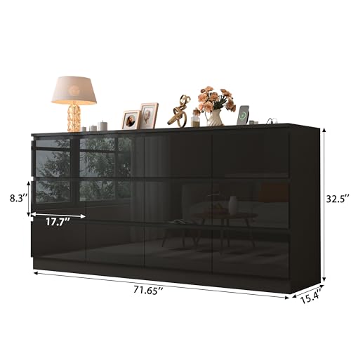 Image of JassmiPkwy 71.65 INCH 12 Drawers Dresser with Power Outlet, Wide High Gloss Chest of Drawers Large, Modern Storage Drawer Dresser for Bedroom, Black