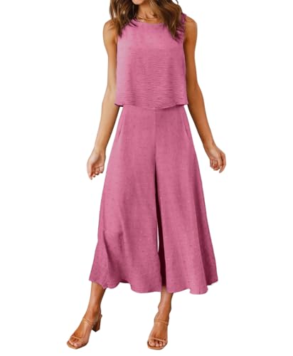 FANCYINN Mono elegante de verano para mujer, sin mangas, cuello redondo, pantalones cortos de pierna ancha, Pink Swiss Dot, L