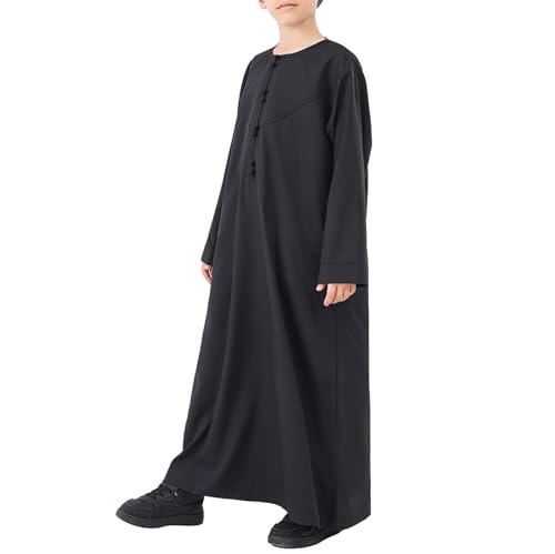 Muslim Thobe for Boys Long Sleeve Crew Neck Kaftan Robe Kids Boys Solid Button Islamic Thobe Arabic Dress Outfits3