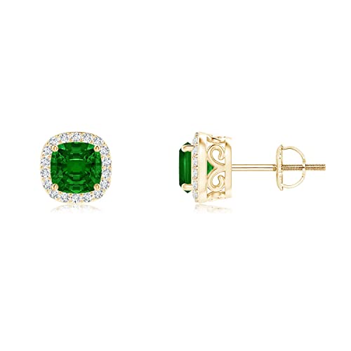 ANGARA Natural Emerald Studs for Women | Cushion Emerald Studs with Diamond Halo in 14K Solid Gold/Platinum | May Birthday, Anniversary, Gemstone Jewellery Gift