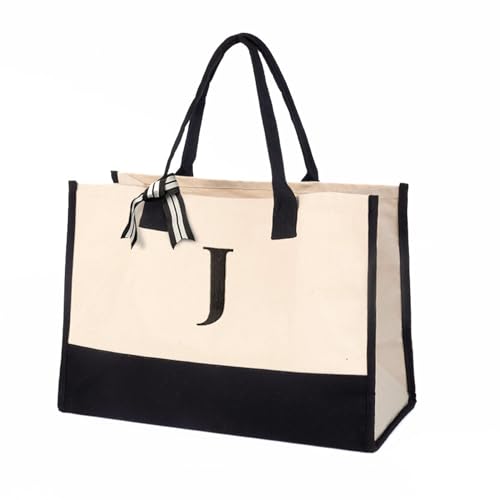 Salt Earth Personalized Initial Tote Bag for Women, 100% Cotton Canvas Tote Bag, Large Beach Grocery Utility Tote, Custom Monogram Reusable Shopping Bag for Work Travel Everyday Use