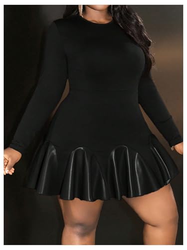 SOLY HUX Women's Plus Size Long Sleeve Ruffle Mini Dress PU Leather Cocktail Party Dresses3