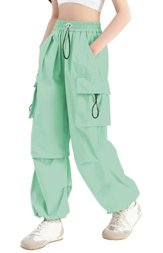 Image of SANGTREE Girls Parachute Pants Loose Lightweight Drawstring Waist Hip Hop Cargo Pants,6-16 Years