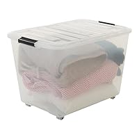 Iris Ohyama, Set van 4 plastic opbergdozen met deksel, Grote stapelbare opbergdozen, 45L, BPA vrij, Wasserij, Kantoor, Transparant / zilveren handgrepen, B39 x D58 x H30 cm