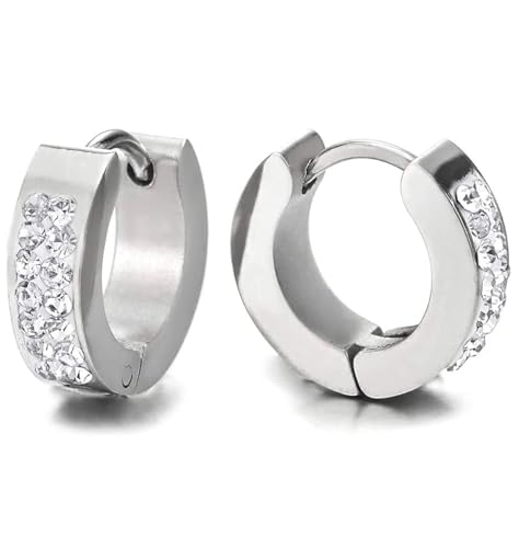 Stainless Steel Men's Women's Silver Huggie Hoop Diamond Earrings