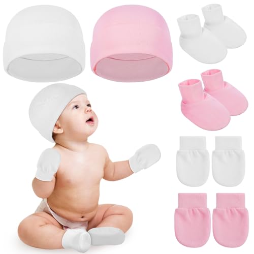 Ciieeo Gorros y Manoplas para Ñiño Recién Nacido en Algodón Transpirable y Rosa, Conjunto de 2 Piezas para Niñas de 0 a 12 Meses, Accesorios Cómodos para Uso Diario