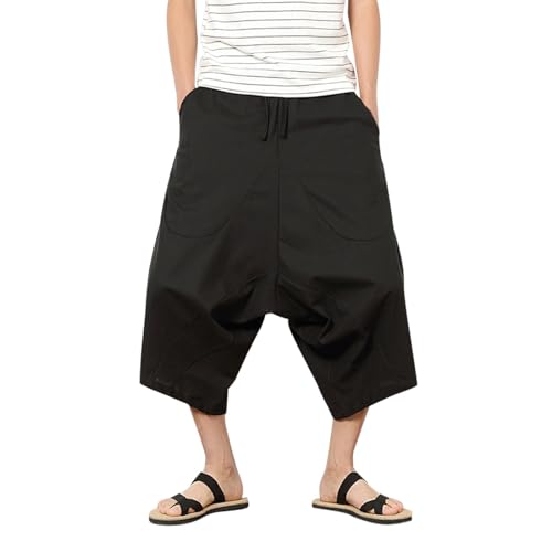 SUWBMHWE Japanese Pants Harem Men Mens Beach Lightweight Regular Fit with Pockets Baggy Any Occasion Hippie Trousers Linen Breathable Comfortable Yoga Black