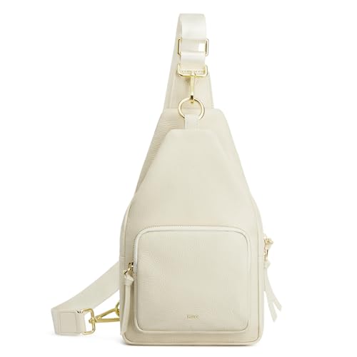 Image of Kattee Small Leather Sling Bag for Women with RFID Blocking,Beige | Top grain pebbled leather with RFID blocking, multiple pockets, and a convertible strap for travel.