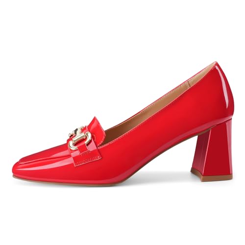 Image of Womens Mid Block Chunky Heeled Loafers Closed Square Toe Patent Leather Comfortable Slip On Pumps Metal Chain Basic Classic Casual Work Office Dress Shoes 2.8 Inches Heels