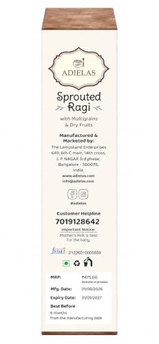 Image of ADIELAS Stage 3 Sprouted Ragi Multigrain Mix for 1+ Years | Pediatrician Formulated | With Dry Fruits, Grains & Pulses | 400 g