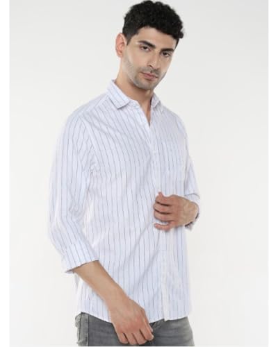 Image of MILDIN Men's Pure Cotton Striped Printed Shirt with Spread Collared Neck Full Sleeve Curved Hemline Button Closure and Regular Fit | Shirt for Man