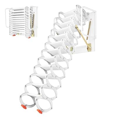 12 Steps Attic Ladder, Wall-Mounted Pull Down Attic Stairs with Handrails 881.85lbs Loading Capacity, Folding Attic Ladders with Anti-Slip Pads and Pull Ring for Garage Roof Basement (White)