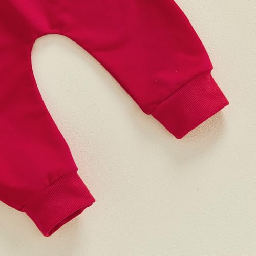 VISGOGO Toddler Baby Boy Valentines Outfit Striped Love Heart Embroidered Half Button Up Long Sleeve Sweater Tops Pants (Red, 12-18 Months)