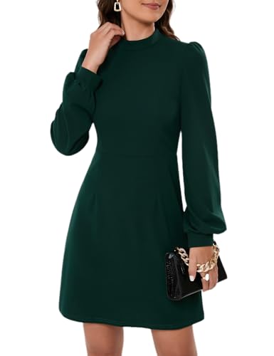 YesFashion Damen Kleid Elegant Businesskleid Langarm Stehkragen Etuikleid A-Linie Hohe Taille Wickelkleid Business Cocktail Kleid Dunkelgrün M