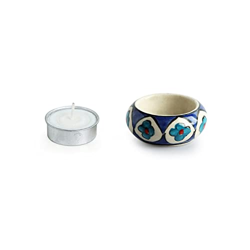 Image of ExclusiveLane Ceramic Tea Light Candle Holder for Home Decoration | 'Mughal Floral' Hand-Painted Tealight Candle Stand for Puja & Living Room (Set of 4, Blue)