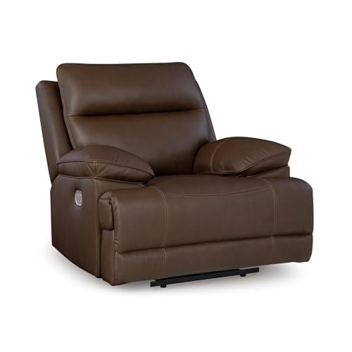 Image of Signature Design by Ashley VonRyan Power Recliner, Zero Gravity Oversized Leather Recliner with Adjustable Headrest, Living Room Chair with USB Port, Tobacco Brown