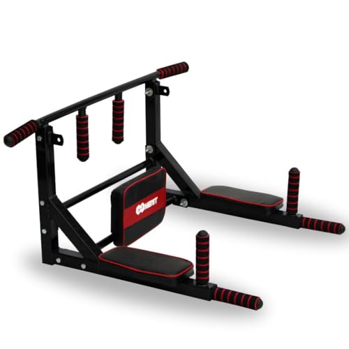 Image of 3-in-1 Heavy Duty Wall Mounted Pull Up Bar with Dip Station, Multifunctional Home Gym Training Bar, Strength Workout Equipment with 200kg Weight Capacity (Red & Black)