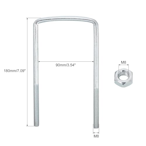 Image of uxcell Square U-Bolts, 4 Sets 90mm Inner Width 180mm Length M8 Zinc-Plated Carbon Steel U Clamp Bolt with Nuts and Plates, for Boat Trailer