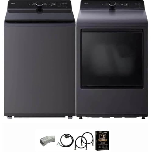LG Matte Black Mega Capacity Top Load Washer and Dryer Pair with TurboWash Technology SmartThinQ WiFi Connectivity Steam Dry Sensor Dry Dryer Vent Power Cable and 12 Month CPS Protection Plan (Black)