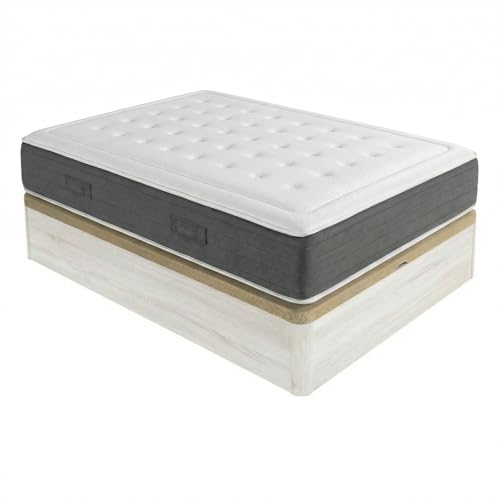DUÉRMETE ONLINE - Packung Viskoelastische Matratze Bio Nature Dicke 24 cm + Klappbett aus Holz, große Kapazität | Farbe Polar 135 x 190
