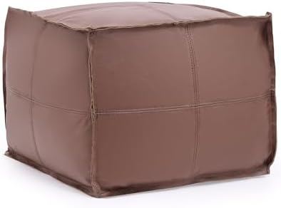VONLUCE Stuffed Square Pouf, Genuine Leather Pouf Ottoman, Handmade Prefilled Hassock Footstool, Moroccan Style Luxury Foot Rest for Living Room Bedroom Kid Room, 18.9 x 18.9 x 14.6 in, Light Brown